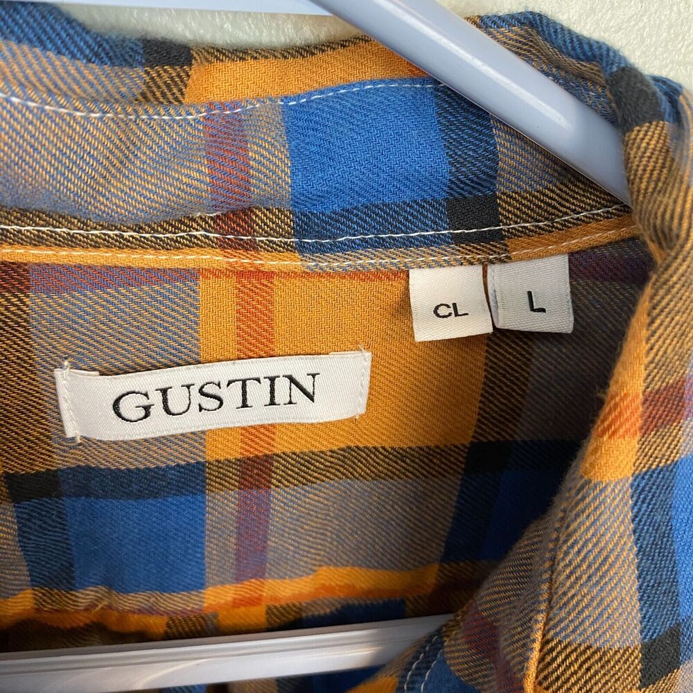 Gustin Shirt Mens L Orange Long Sleeve Button Flannel Plaid CL Missing Button - Picture 7 of 13